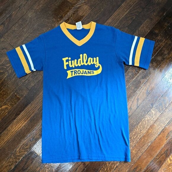 Vintage 90s Findlay Ohio Trojans Cheer Athletic Tshirt Blue Yellow Retro - Picture 10 of 11